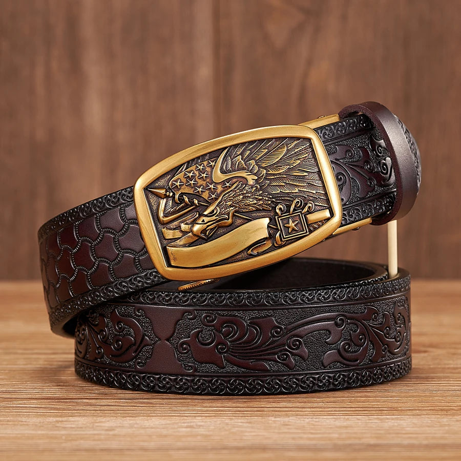 3.5cm New Eagle Pattern Buckle Split Leather Belt Quality Alloy Automatic Buckle Wasitbad Strap Genuine Leather Gift Belt Men