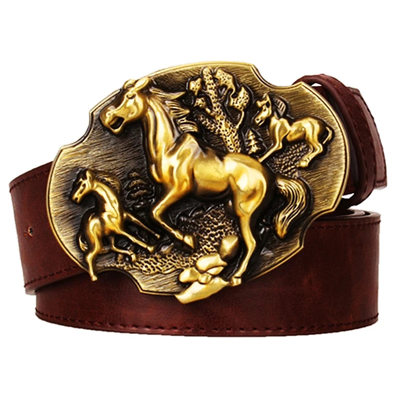 Golden Galloping Horse Leather Belt Wild Horse Run Mustangs Americans West Cowboy Style Waistband