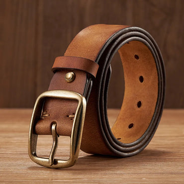 Thick Cowhide Copper Pin Buckle Real Genuine Leather Belt For Jeans Fashion Casual Belt Men Waistband Retro Luxury Male Strap