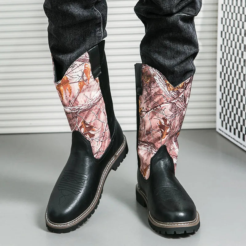 Ethnic Style Men High Boots 2024 High Quality Graffiti Design Men Cowboy Boots Leather Slip-on Men Western Boots Bota Masculina