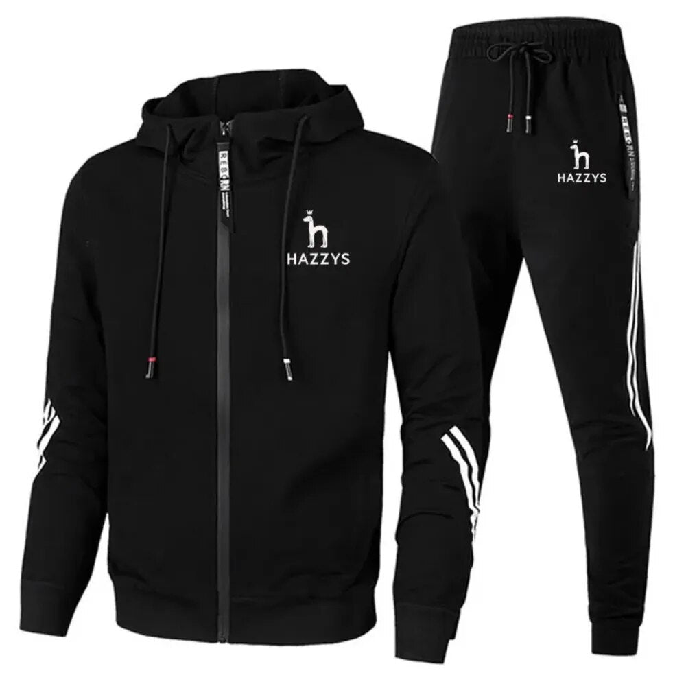 HAZZYS Autumn and Winter Men's Brand Printed Sportswear Set Men's Zipper Hoodie+Pants Two Piece Casual Gym Fitness Jogging Sport