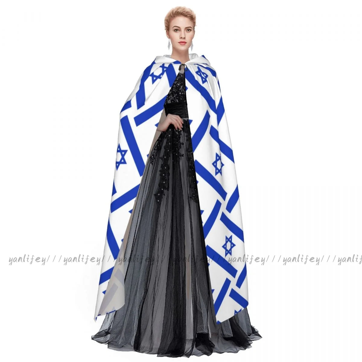 Adult Halloween Israel Flag Print Cloak Cape Hooded Medieval Costume Full Length Dress Coat