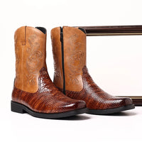 Western Cowboy Boots for Men Brown Black Crocodile Pattern Mid-Calf Square Toe Zipper Men Boots  Size 38-46