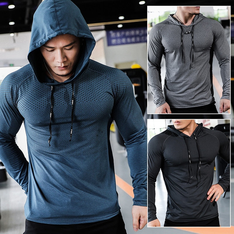 Mens Fitness Tracksuit Running Sport Hoodie Gym Joggers Hooded Outdoor Workout Athletic Clothing Muscle Training Sweatshirt Tops